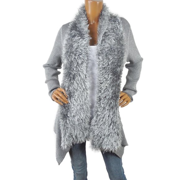 LAUREN MICHELE Top L Cardigan Sweater Silver Gray Metallic Faux Fur Stretch Knit - Picture 3 of 11
